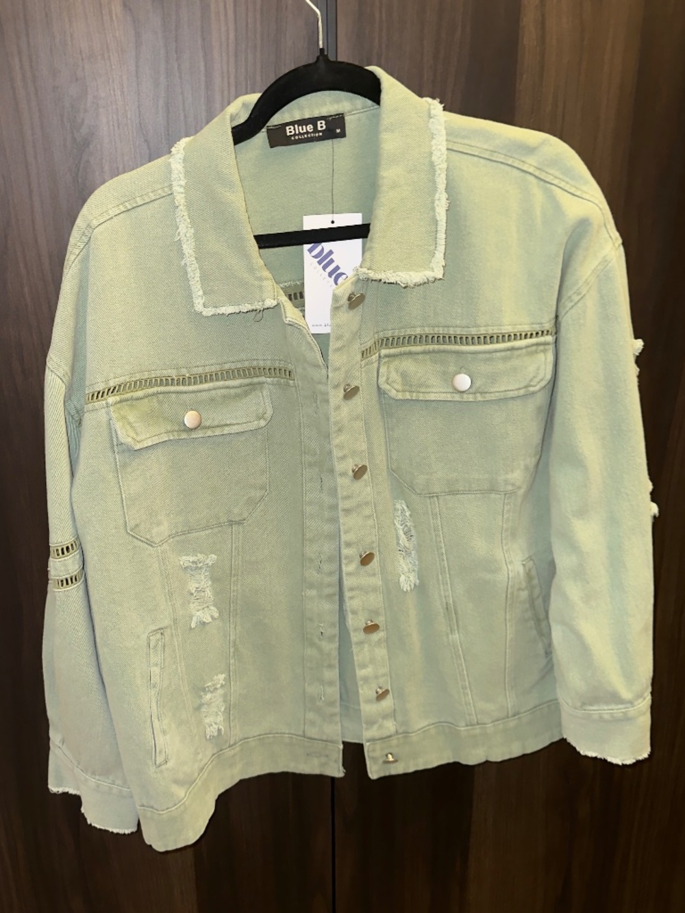 Blue B Collection Light Olive Distressed Denim Jacket (Size M) NWT Whipstitch